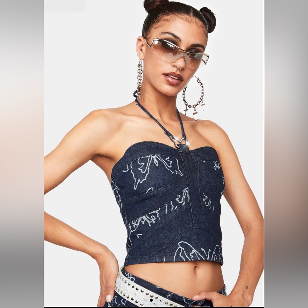 JADED London Denim Lucia Butterfly Corset Halter Top Size 4